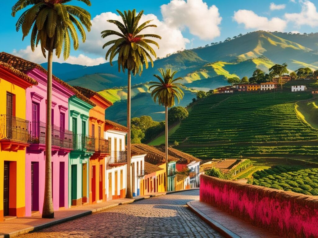 "Salento, Colombia, highlighting colorful streets and the lush greenery of the Cocora Valley."