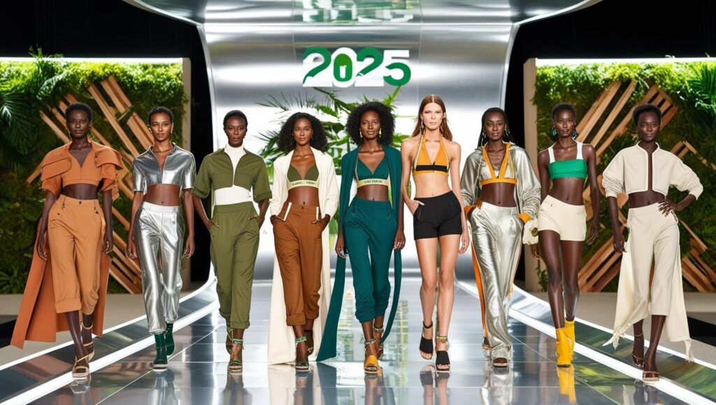 "Models on a sustainable fashion runway showcasing eco-friendly outfits made of organic cotton, bamboo, and recycled polyester, with a lush green background symbolizing eco-consciousness."