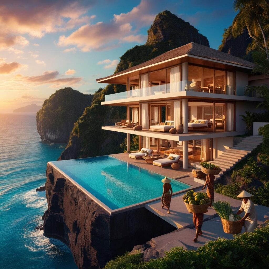 "A clifftop eco-resort in Bali, featuring open-air villas with thatched roofs and natural stone walls. The villas are surrounded by lush gardens and offer panoramic views of the Indian Ocean. Solar panels are visible on the roofs, and a guest is seen practicing yoga on a wooden deck at sunset."
