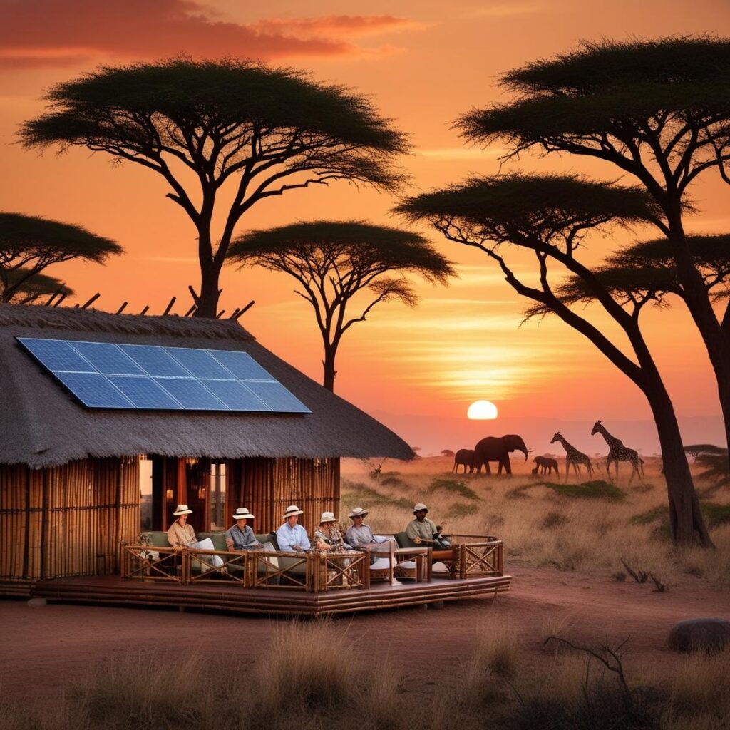 "An eco-friendly safari lodge in Kenya’s savannah, powered by solar energy, with Maasai warriors guiding sustainable wildlife tours at this eco-friendly hotel."