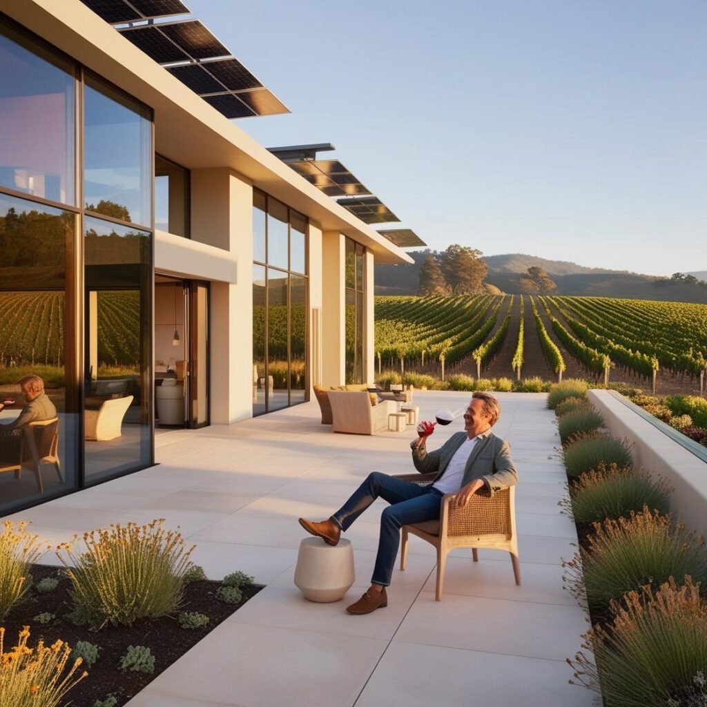 "Modern eco-friendly hotel in California’s Napa Valley with solar panels, an organic garden, and guests enjoying locally sourced wine in a sustainable courtyard."
