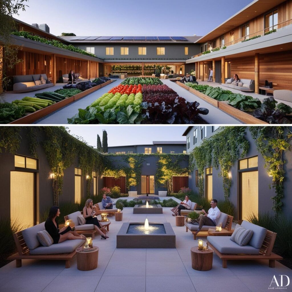 "Modern eco-friendly hotel in California’s Napa Valley with solar panels, an organic garden, and guests enjoying locally sourced wine in a sustainable courtyard."