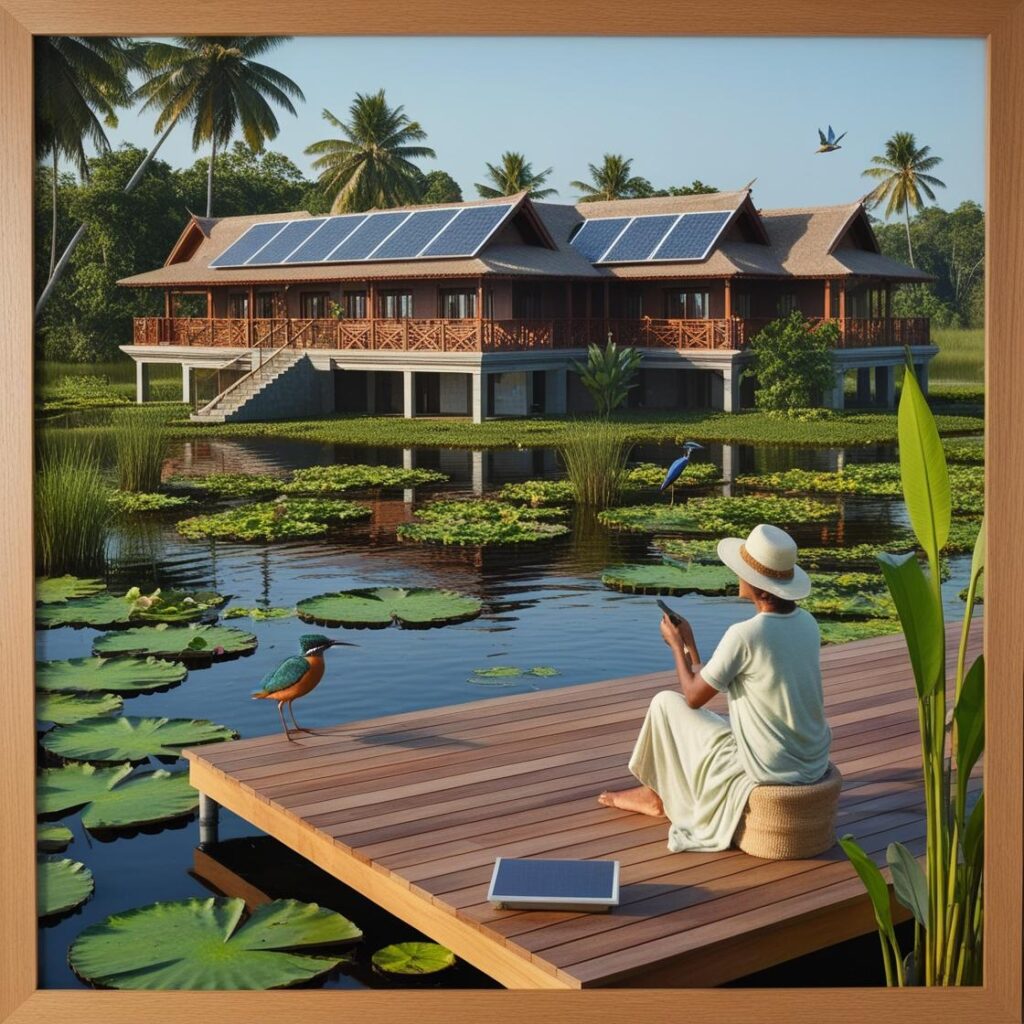 "Thatched-roof villas at an eco-friendly hotel in Sri Lanka, surrounded by wetlands and rice fields, blending sustainable architecture with natural beauty."