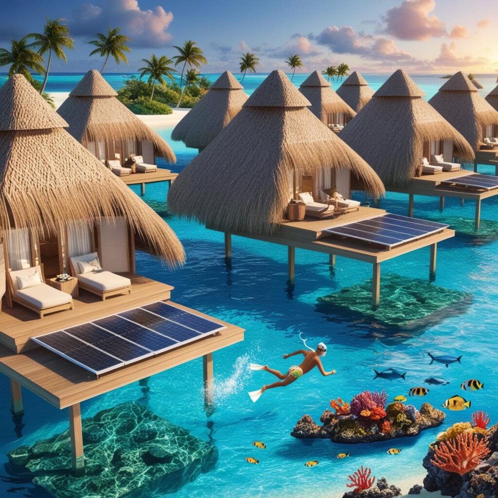 "Secluded beachfront villa at an eco-friendly hotel in French Polynesia, powered by solar energy and biofuel, offering eco-conscious luxury in a tropical setting."