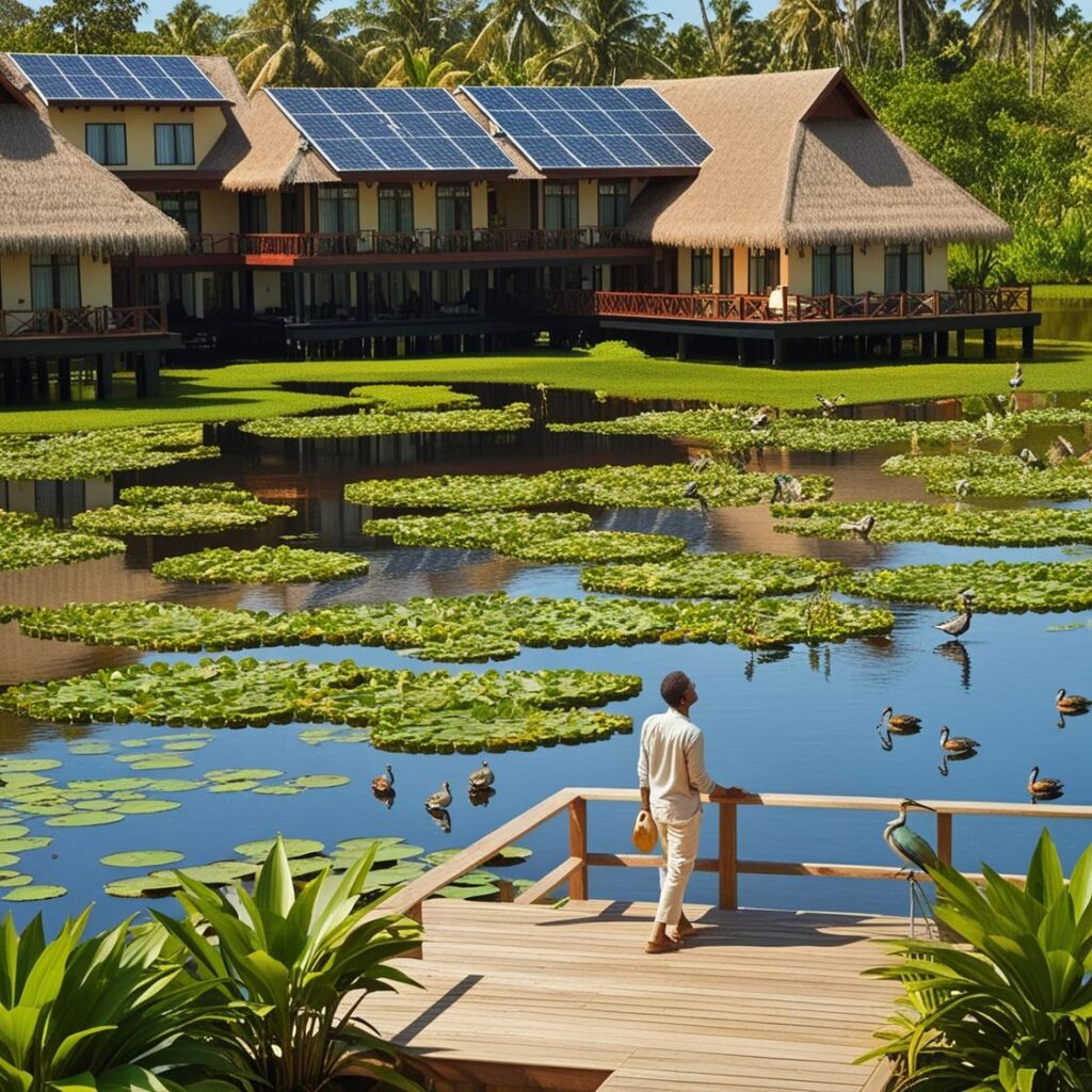 "Thatched-roof villas at an eco-friendly hotel in Sri Lanka, surrounded by wetlands and rice fields, blending sustainable architecture with natural beauty."