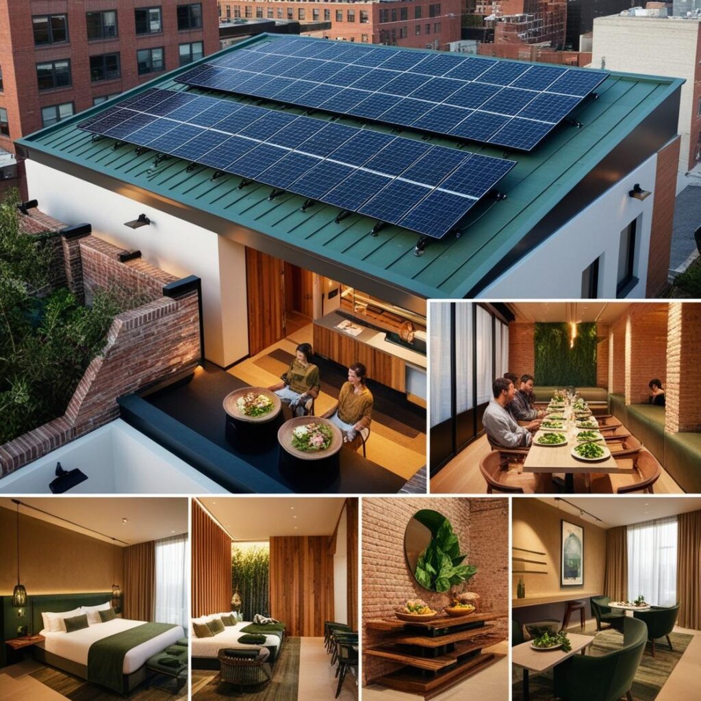 "An eco-friendly hotel lobby with sustainable wooden furniture, energy-efficient lighting, and large windows bringing in natural sunlight, emphasizing the core concept of eco-friendly hotels."