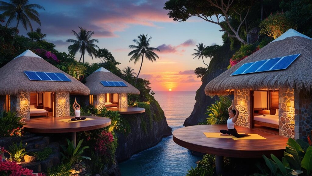 "A clifftop eco-resort in Bali, featuring open-air villas with thatched roofs and natural stone walls. The villas are surrounded by lush gardens and offer panoramic views of the Indian Ocean. Solar panels are visible on the roofs, and a guest is seen practicing yoga on a wooden deck at sunset."