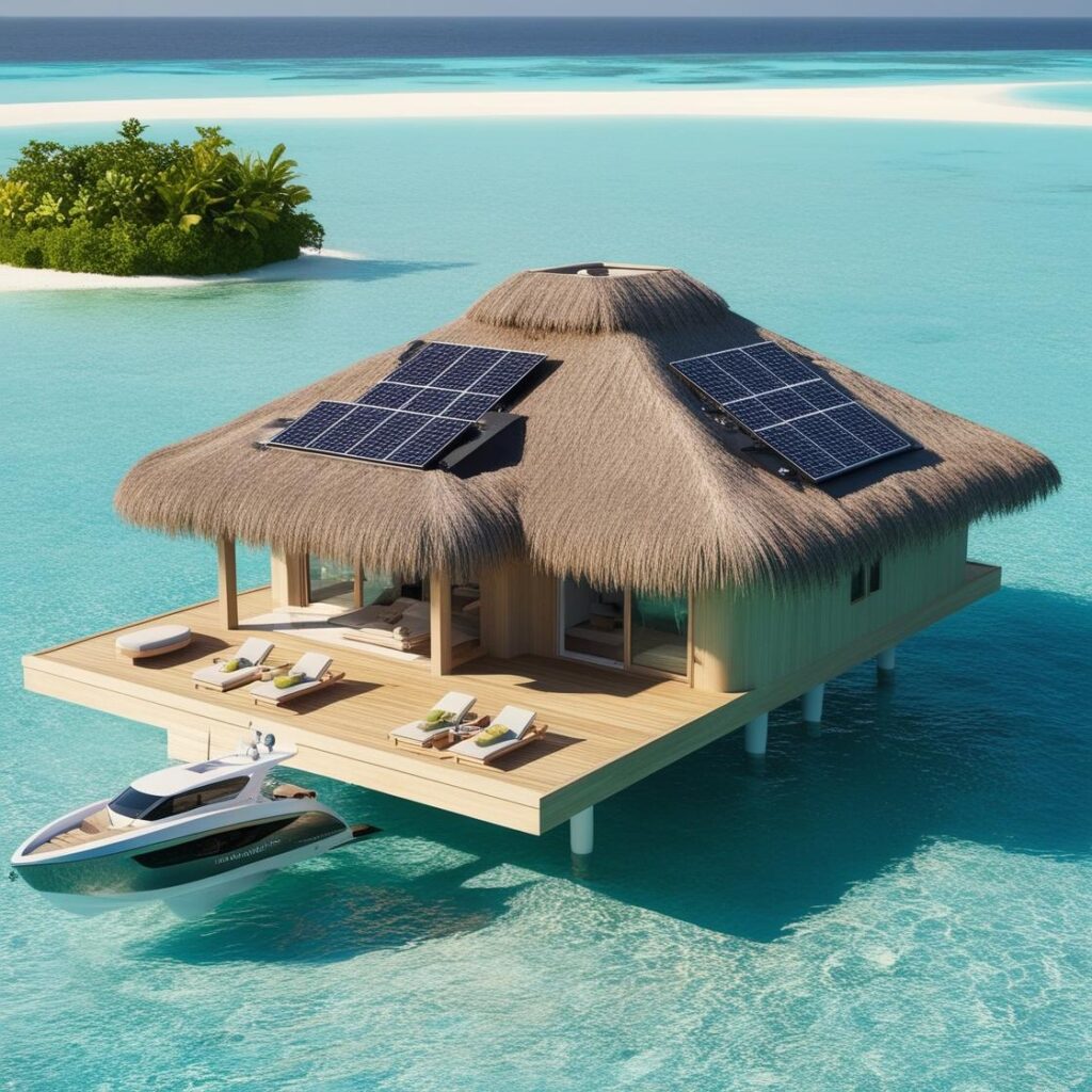 "Overwater villa at an eco-friendly hotel in the Maldives, featuring solar panels and sustainable architecture, surrounded by crystal-clear turquoise waters."