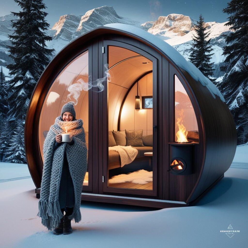 "Eco-friendly pods in the Swiss Alps with snowy landscapes and wood-burning stoves, showcasing sustainable accommodation at eco-friendly hotels."