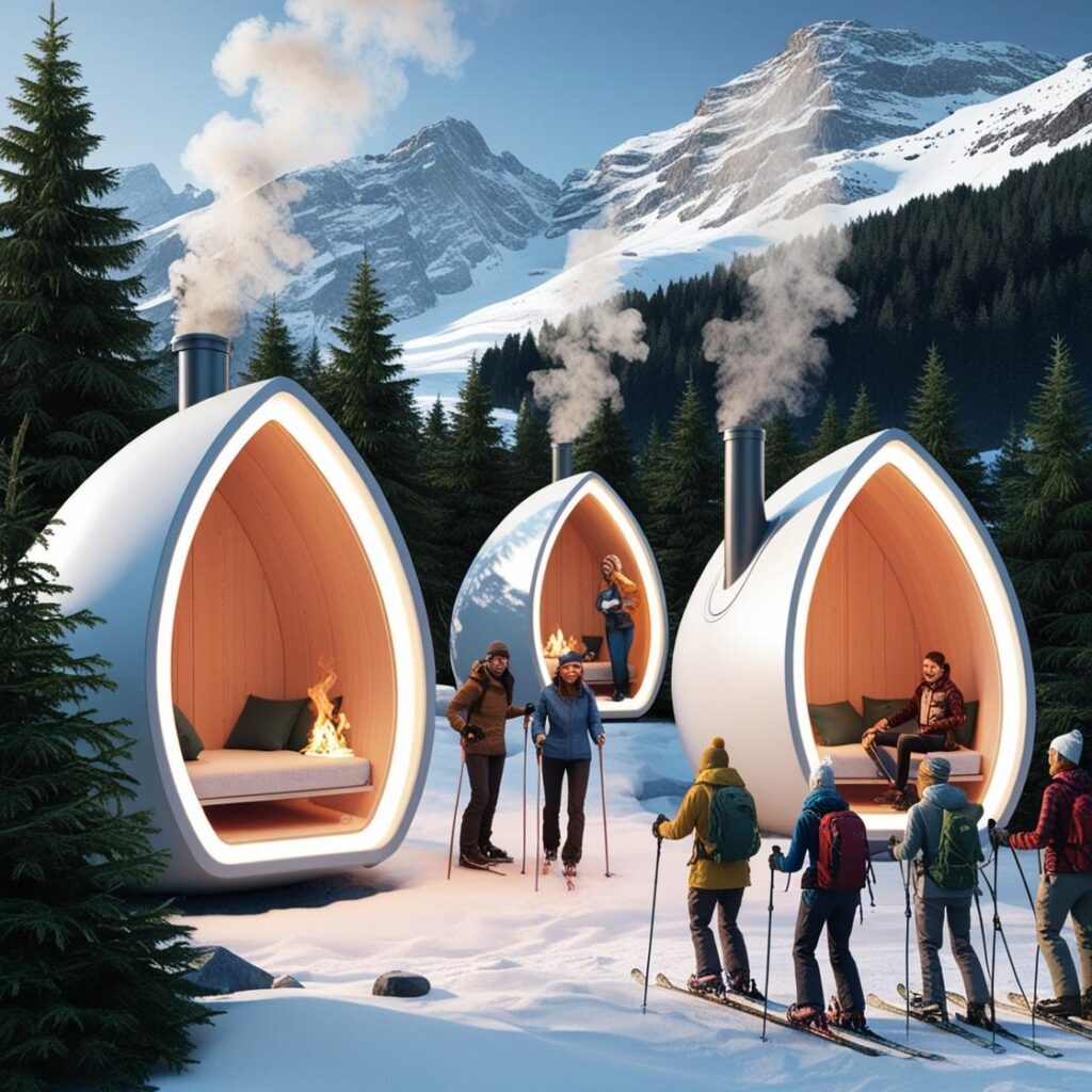 "Eco-friendly pods in the Swiss Alps with snowy landscapes and wood-burning stoves, showcasing sustainable accommodation at eco-friendly hotels."