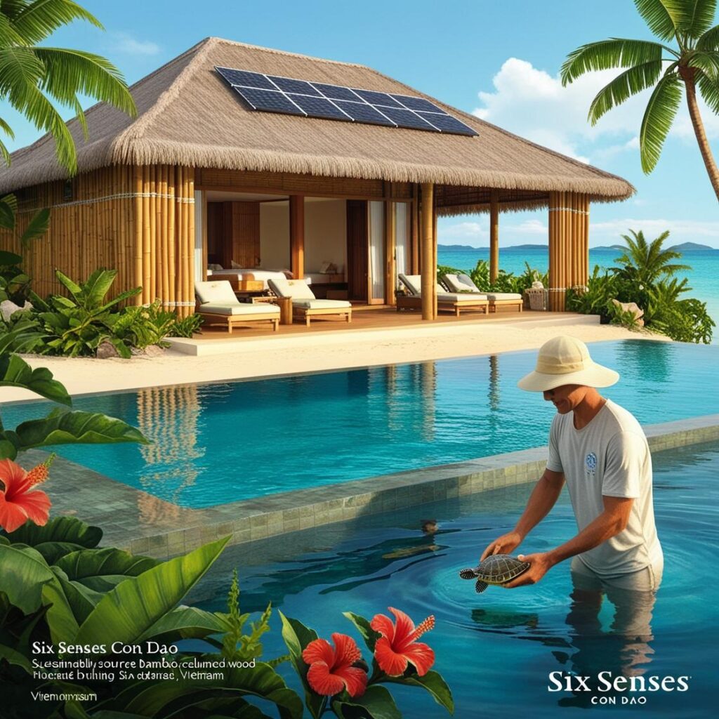 "Beachside eco-friendly hotel in Vietnam with bamboo villas and marine conservation activities like sea turtle hatching experiences for guests."
