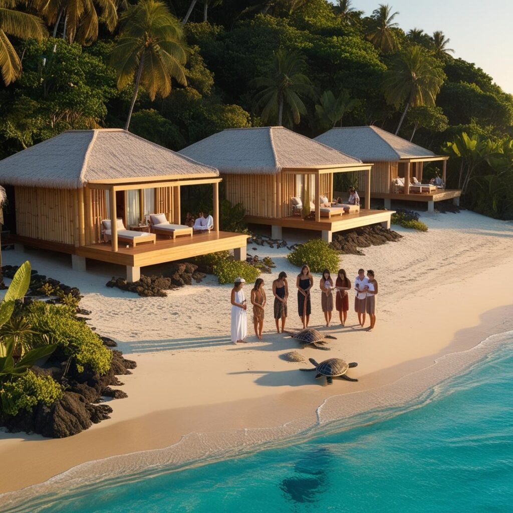 "Beachside eco-friendly hotel in Vietnam with bamboo villas and marine conservation activities like sea turtle hatching experiences for guests."