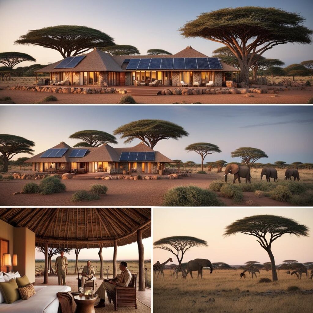 "An eco-friendly safari lodge in Kenya’s savannah, powered by solar energy, with Maasai warriors guiding sustainable wildlife tours at this eco-friendly hotel."