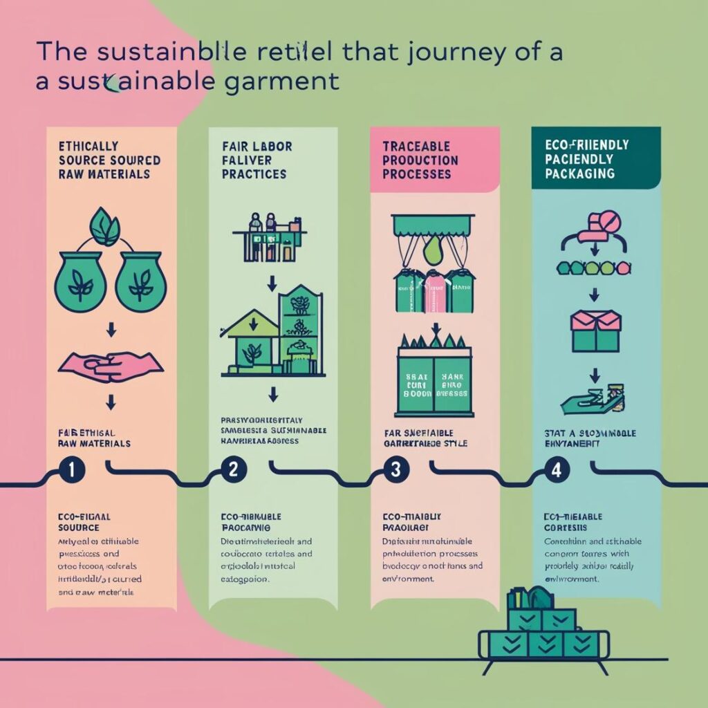 "Infographic showing the journey of a sustainable garment, from eco-friendly material sourcing to ethical production, traceability, and sustainable fashion sense."