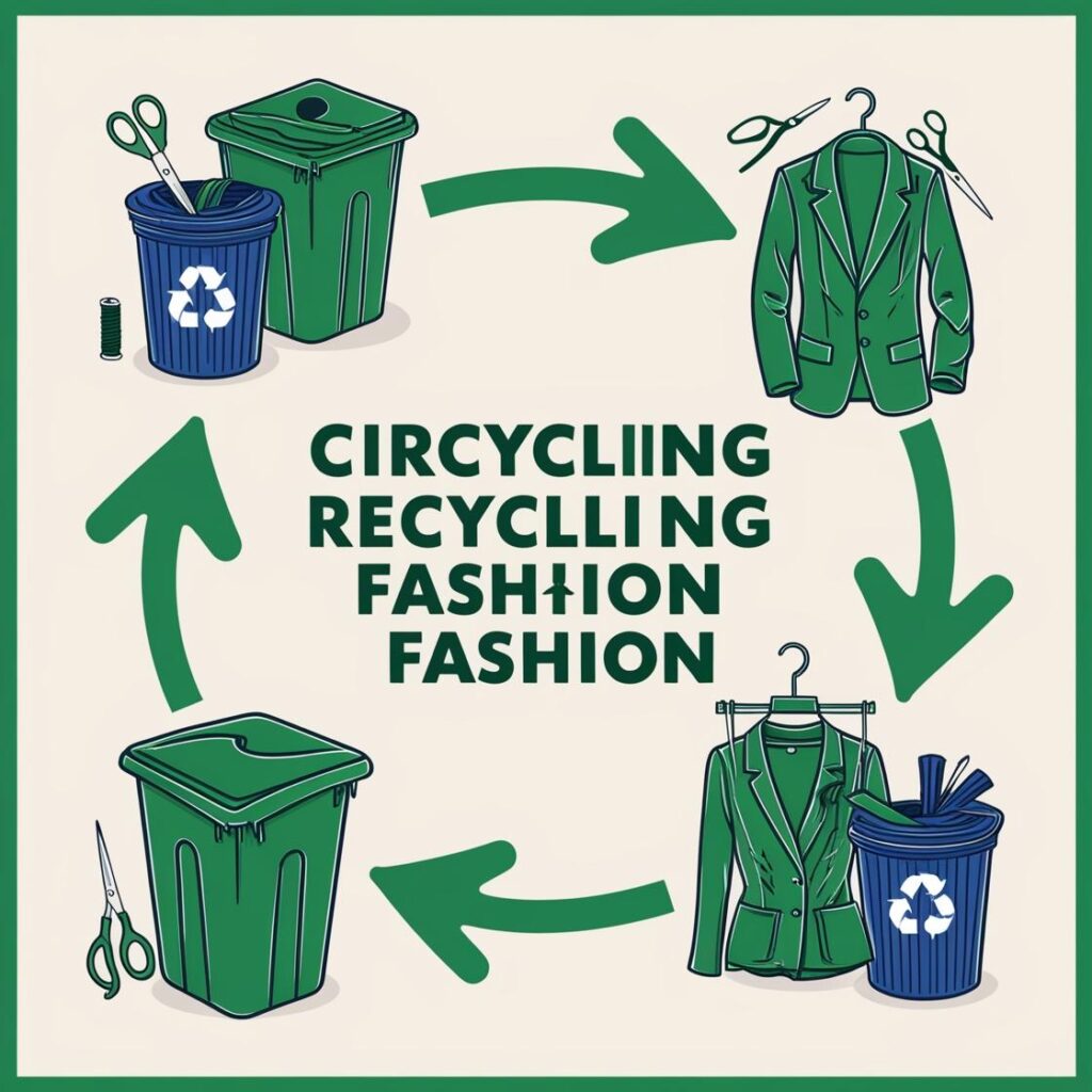 Recycling and upcycling processes with clothes being repaired, transformed, and reused in a sustainable cycle.