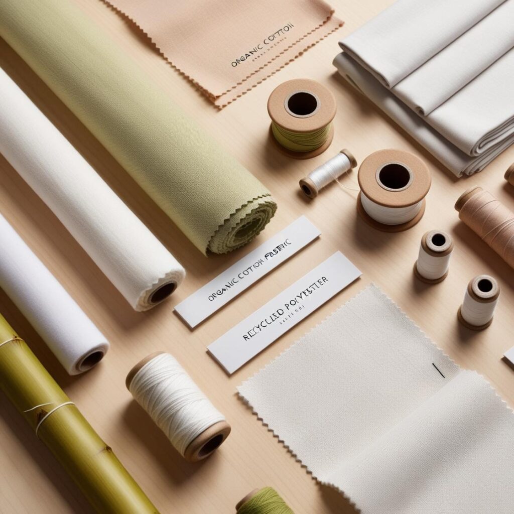 "Close-up of eco-friendly fashion materials, including organic cotton, bamboo fabric, and recycled polyester threads, highlighting sustainable production practices for sustainable fashion trends."