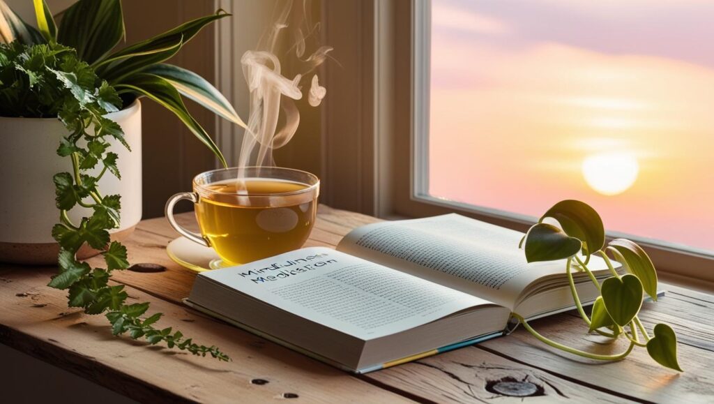 A peaceful reading nook with an open mindfulness meditation book, a cup of herbal tea, and soft natural lighting, creating a serene atmosphere for relaxation.