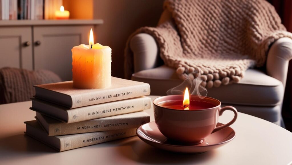 A cozy setup with mindfulness meditation books, a candle, and a cup of tea, creating a relaxing reading environment.