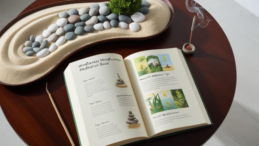 An open mindfulness meditation book surrounded by nature-inspired elements like a zen garden, pebbles, and incense, promoting calmness.