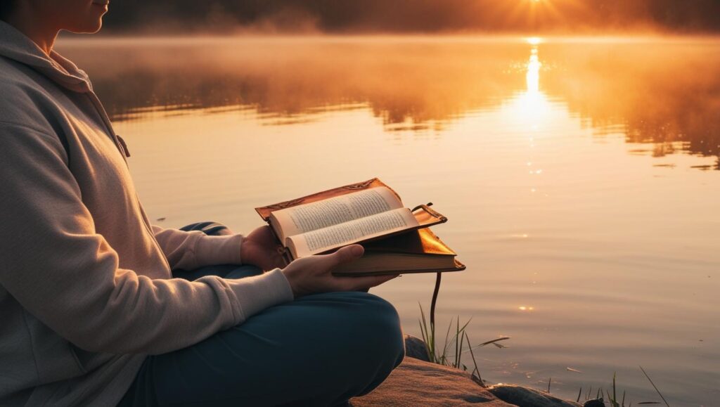 A person meditating by a lake at sunrise with a mindfulness meditation book, embracing inner peace and tranquility.